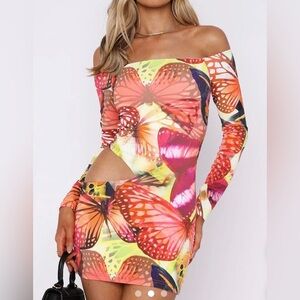 White Fox City Girl Long Sleeve Mini Dress - Sunset Monarch